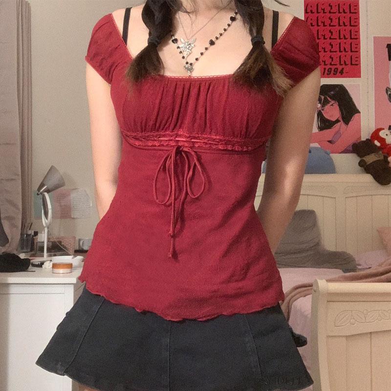 Эстетические милые кружевные топы 2000-х годов, женская футболка с открытыми плечами и завязками, корейская модная женская футболка, уличная одежда в стиле фея в стиле гранж