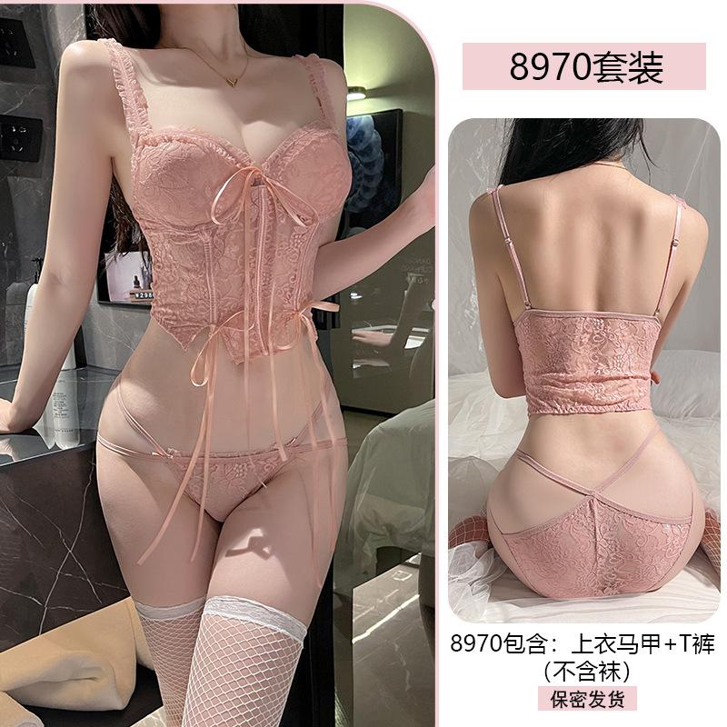 Sexy lace Seductive vest Set Steel Ring Gathering See-through Romantic underwear Bed Uniform Pajamas 8970