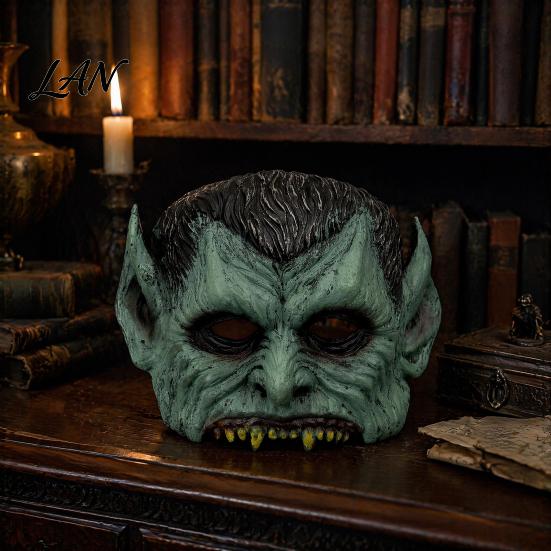 Creepy Halloween Costume Accessory Green Vampire Mask, Half Face Mask with Pointy Ears & Sharp Teeth, Retro Realistic Horror Distressed Party