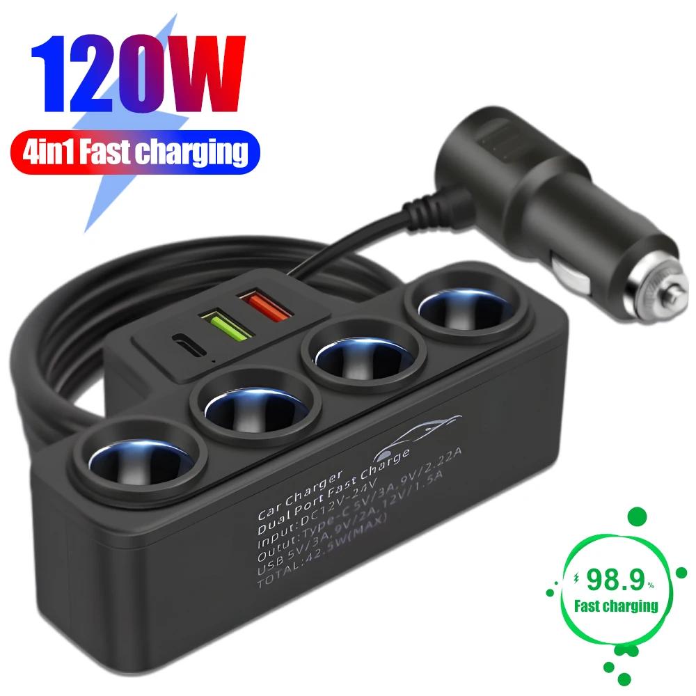7in1 Cigarette Adapter Charger 12V/24V 4-Socket Car Cigarette Lighter Adapter 120W 3.1A USB+QC3.0+PD3.1A Car Charger Accessories