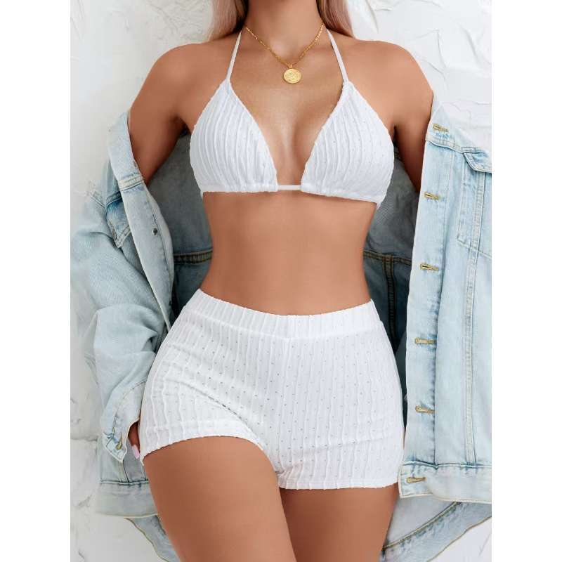 European and American split swimsuit female sexy neck strap bikini shorts two-piece set high waist conservative bikini swimsuit