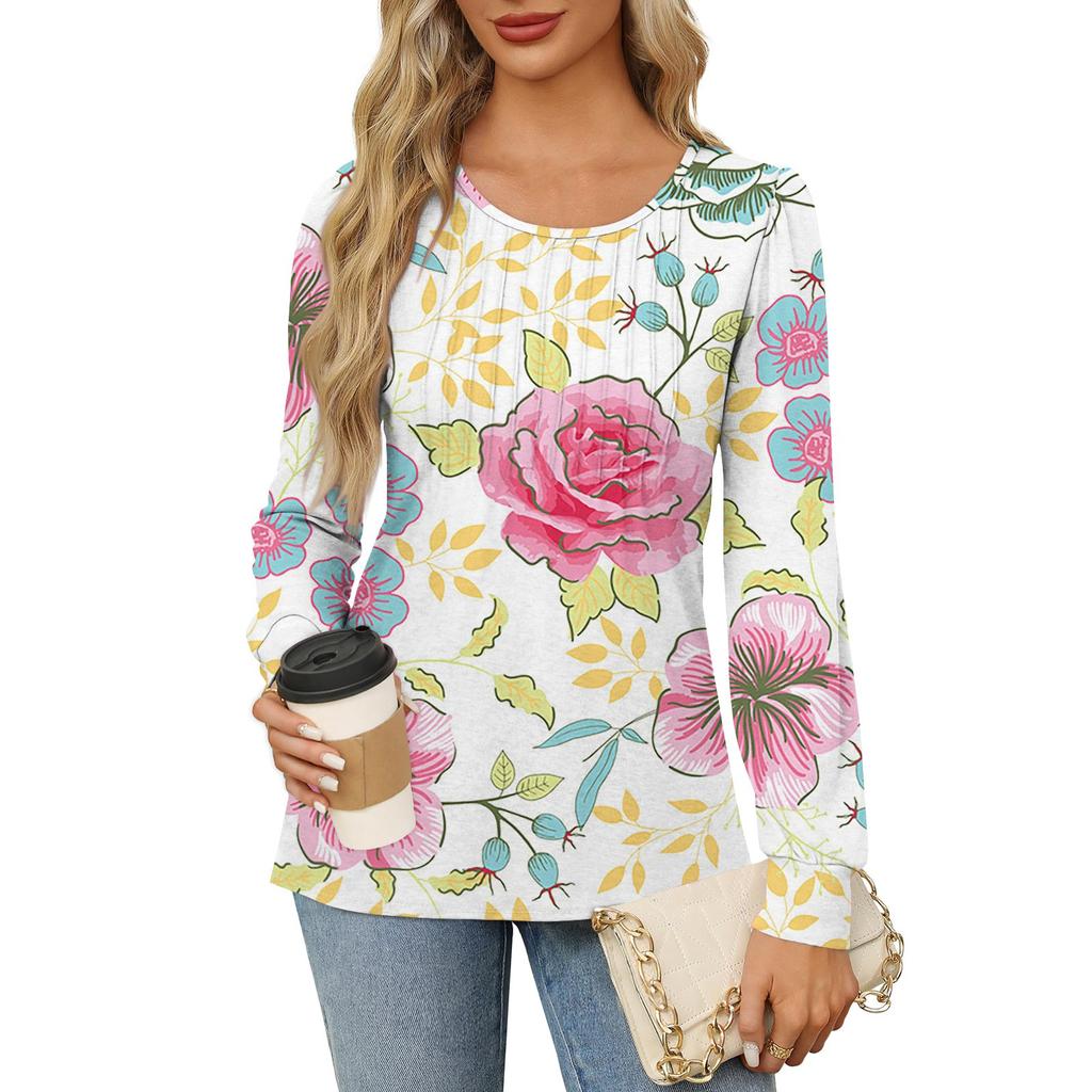 Рубашки с длинным рукавом для женщин, футболки с милым принтом и графикой, блузки, нарядные повседневные блузки, плиссированные топы-туники с овальным вырезом