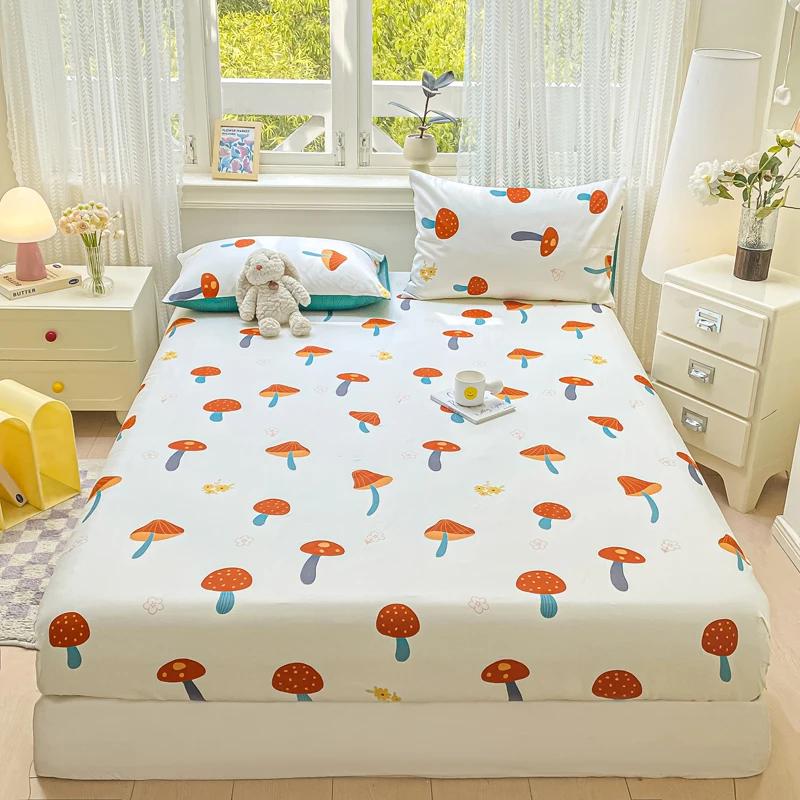 Pure Cotton Printed Fitted Sheet Soft Comfortable Mattress Cover With Elastic Band For Single Double Queen Size Bed