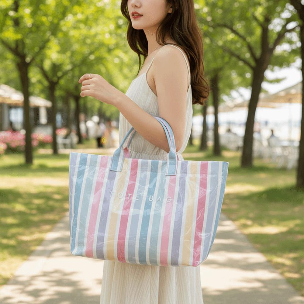 Stripe PVC Striped Tote Bag Letter Print Letter Prints Handbags Grocery Handbag