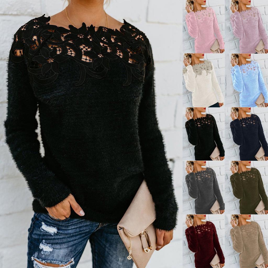 Women's Fashion Casual Solid Color Lace Stitching One-neck Lace Long-sleeved Sweater