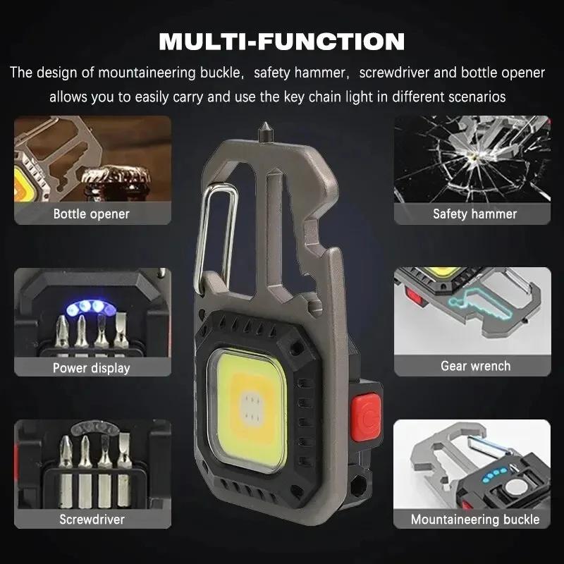 COB Keychain Work Light with Battery Display 8Mode USB Rechargeable High Lumens for Camping Hiking Running Portable LED Light