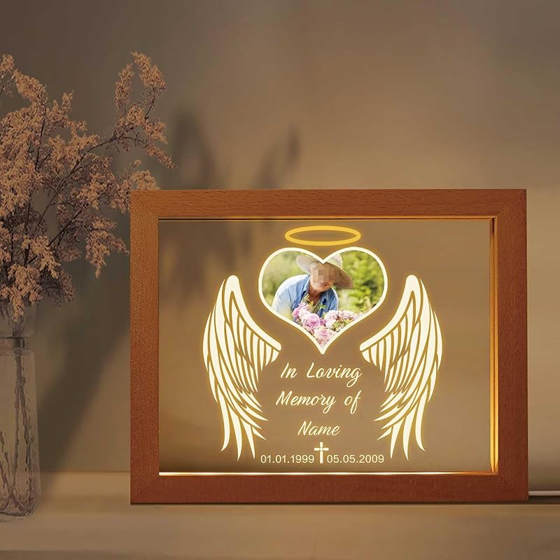 Индивидуальный памятный ночной светильник с фоторамками Персонализированная акриловая табличка Подарок на сочувствие в связи с утратой с фотографией Имя Дата для утраты любви(S-Сердце