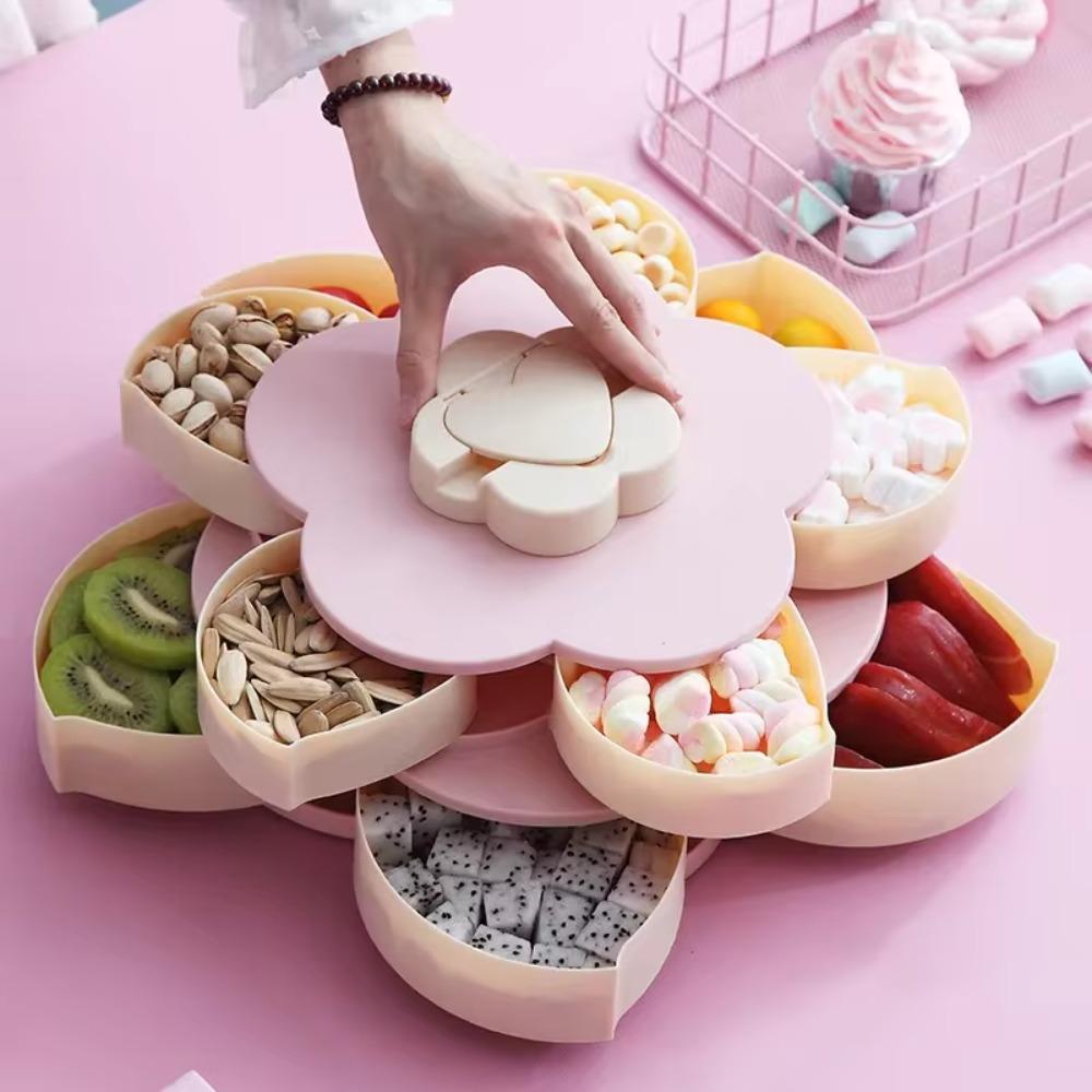 2-layer Snack Tray with Phone Holder Jewelry Organizer Creative Rotating Petal Candy Box Entertain
