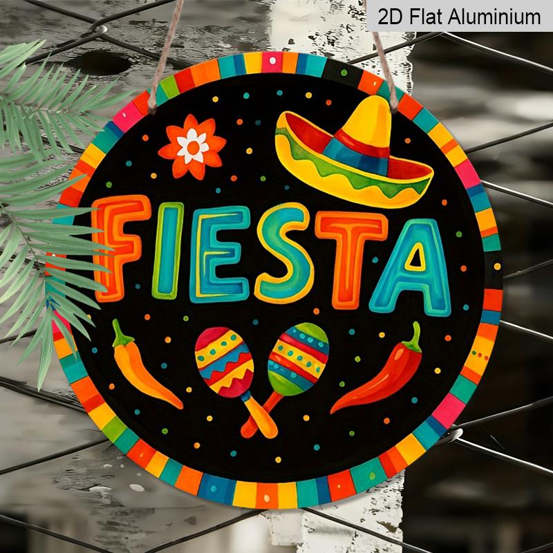 Плоский 2D, 1 шт. Круглая алюминиевая подвесная табличка 'Fiesta', Разноцветный дизайн с сомбреро, маракасами, перцем чили, Яркий металлический настенный декор к Cinco De Mayo