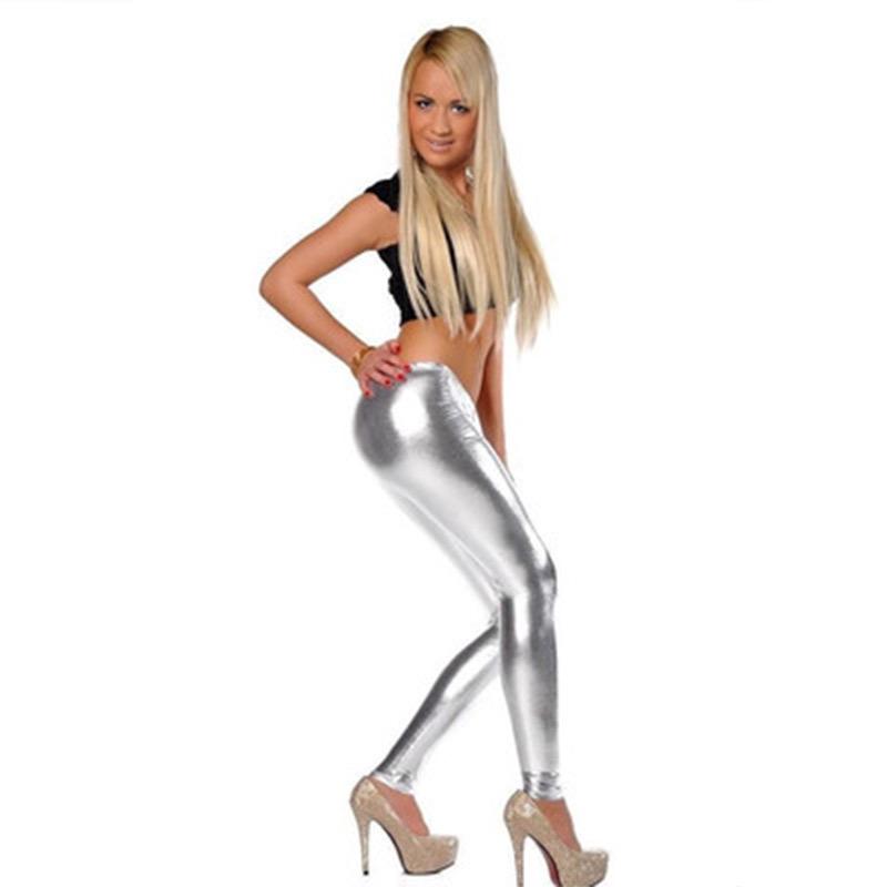 European-American Fashion Faux Patent Leather Mid-Waist Stretch Pants - Bright, Nine-Point Length