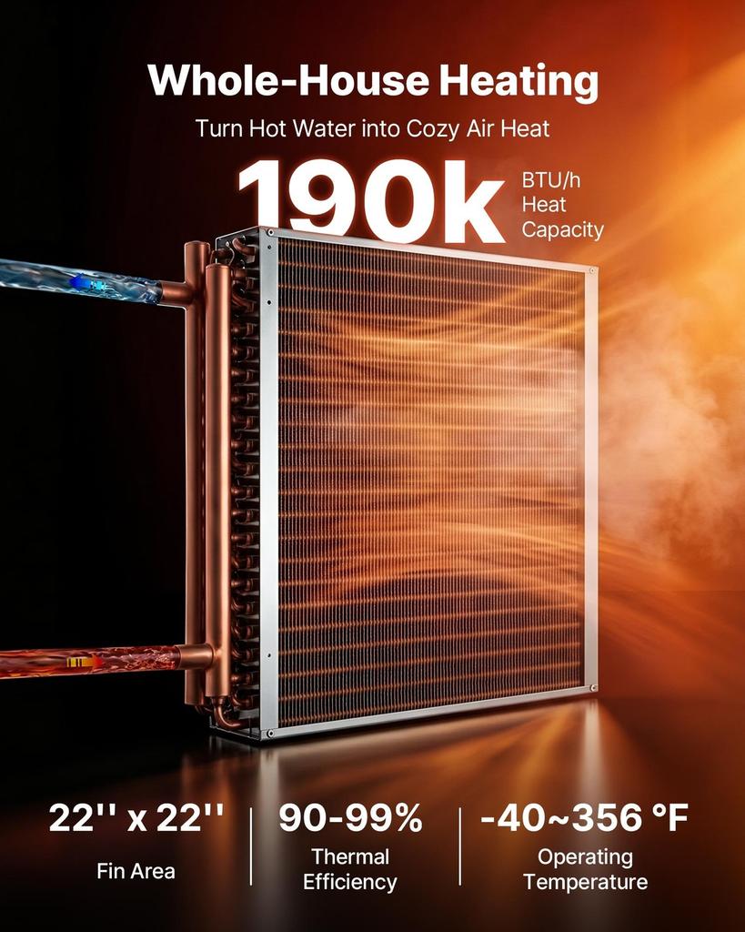 Water to Air Heat Exchanger, 559 x 559 mm Finned Tube HVAC Heat Exchanger Coil with Copper Tubes & Aluminum Fins, 190K BTU Output for Outdoor Wood