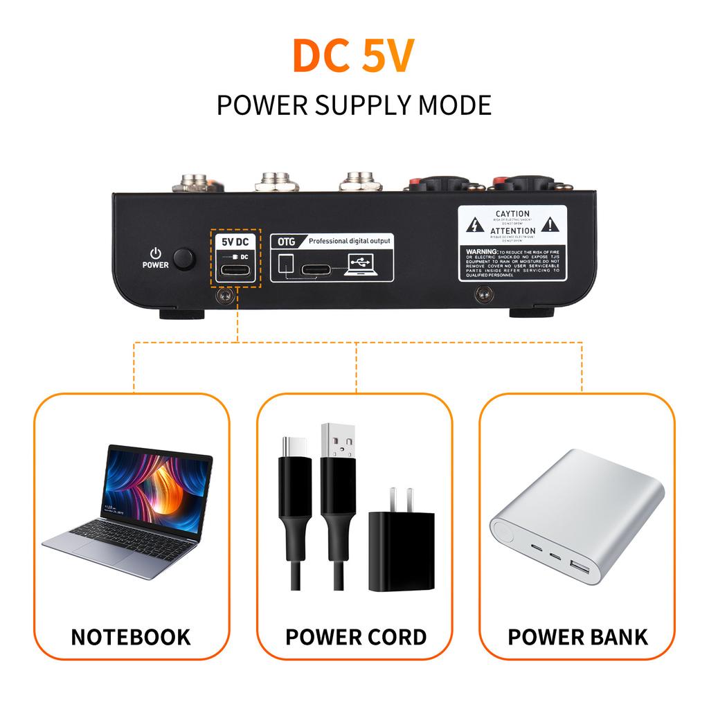 Audio Mixer Portable 4-Channel DJ Mixer Console Mini Sound Mixing Board with USB BT 48V Phantom