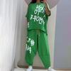 O-Neck Short Sleeve T-shirt Waist Ties Pockets Harem Pants Set Letter Print Casual Tracksuit