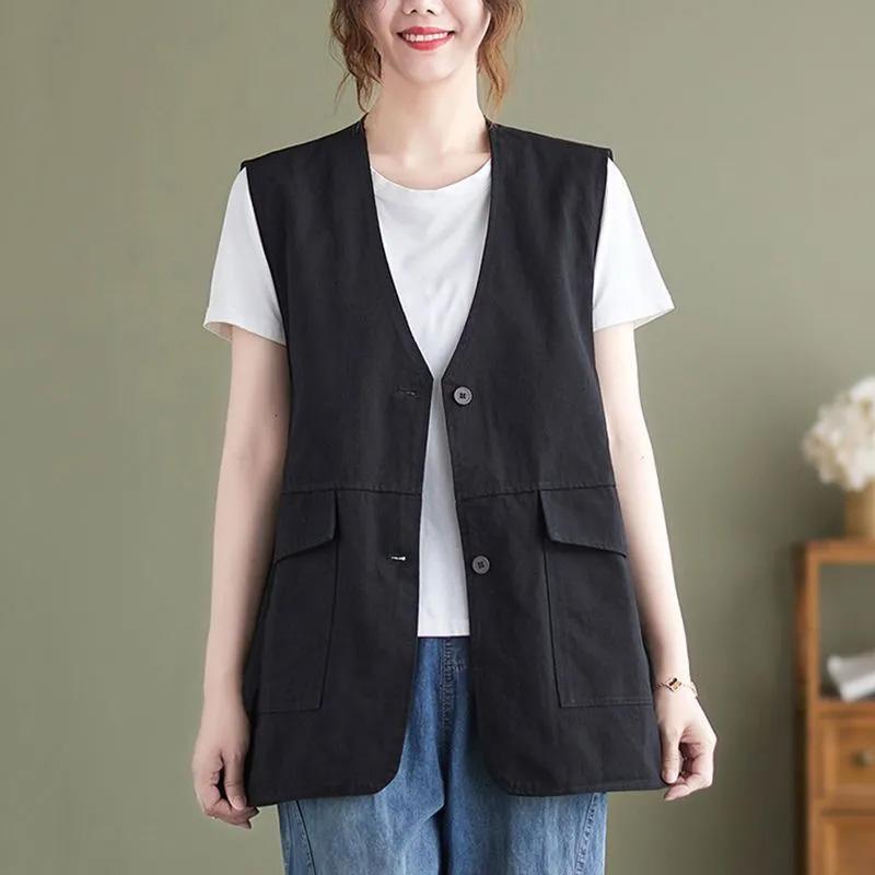 Женский жилет Хлопковые топы без рукавов Однотонный Оверсайз Повседневный V-образный вырез Жилет Куртка