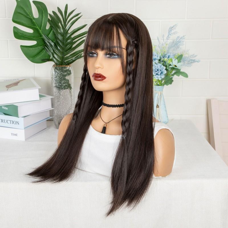 Womens Lace Front Wig Long Straight Natural Color Full Bangs Synthetic Hair F021