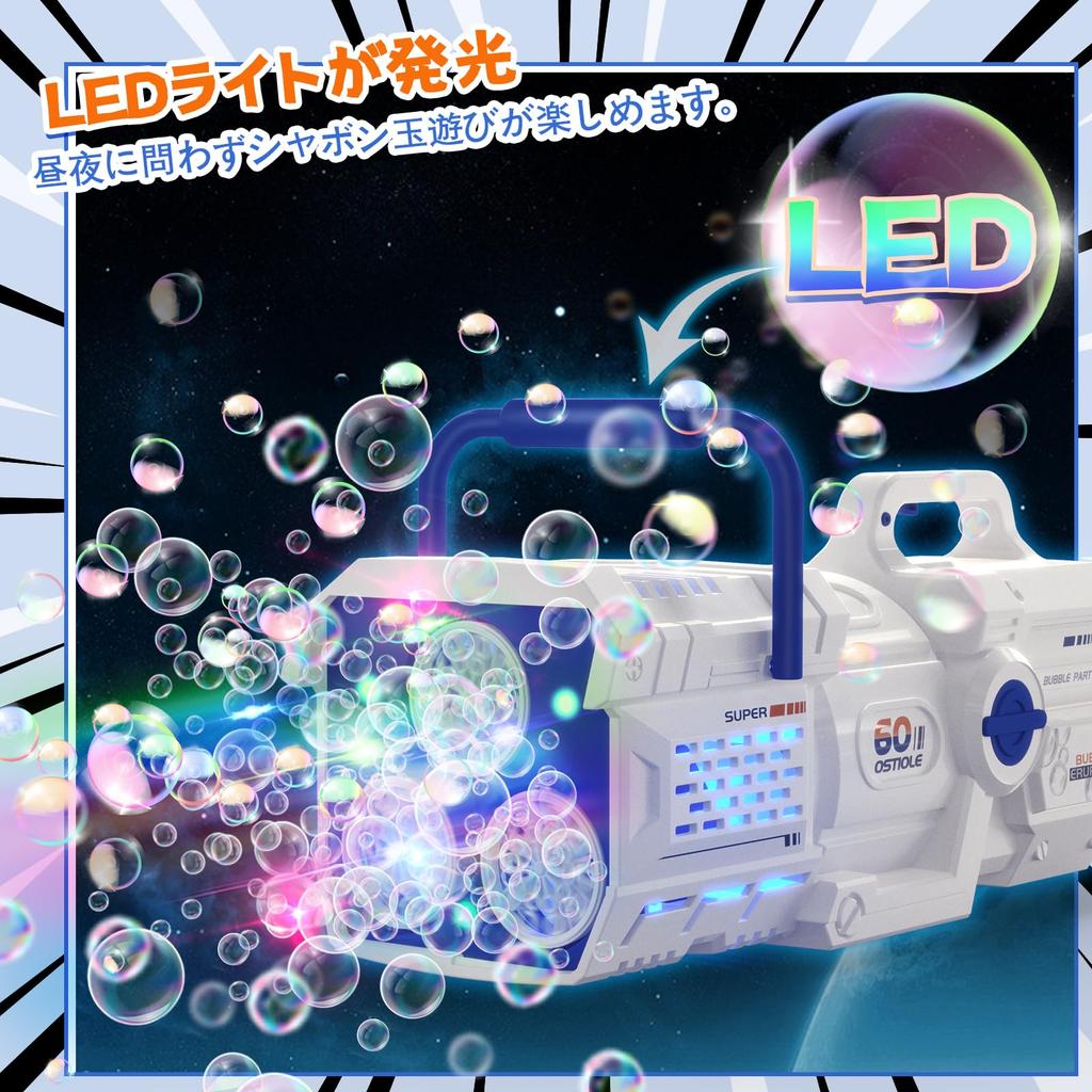 Электрический пистолет для пускания пузырей Skirfy с 60-томным светодиодом, 2 USB, в форме базуки для детей, отлично подходит для улицы и станет отличным подарком для девочек и мальчиков, 2-в-1 отверстия,