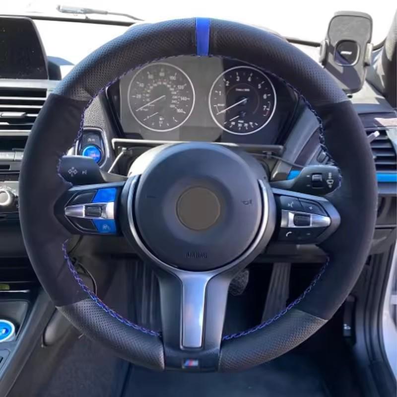 Black Suede Leather Blue Marker Steering Wheel Covers for BMW M2 M3 F80 F82 M4 M5 F12 F13 M6 F85 F87 X5 X6 F33 F30 M Sport