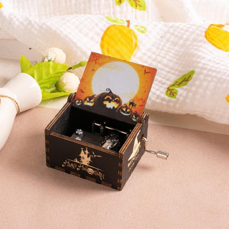 Wooden Hand-cranked Music Box, Halloween Gift, Painted Octagonal Music Box, Carved Small Gift, Decorative Piece