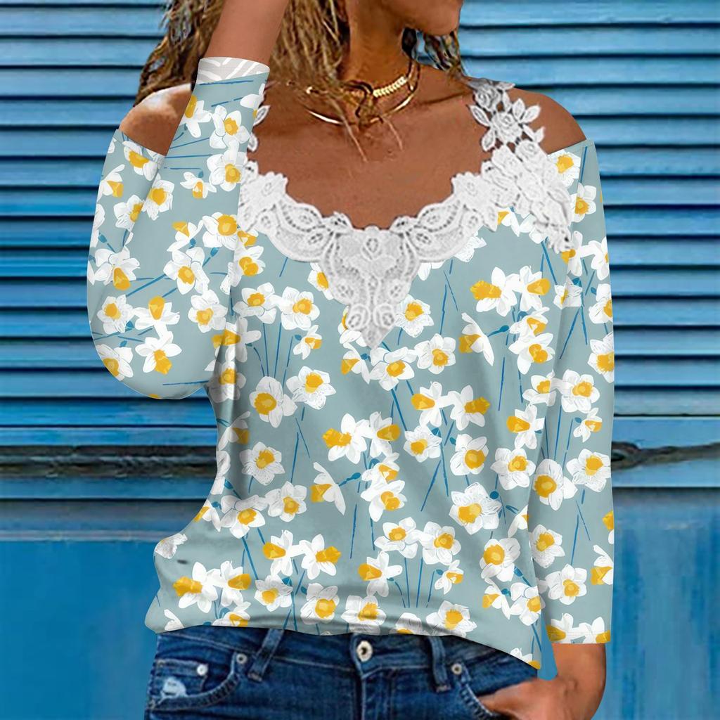 Модный кружевной пуловер с V-образным вырезом, длинный рукав, полосатый принт, однотонная повседневная футболка