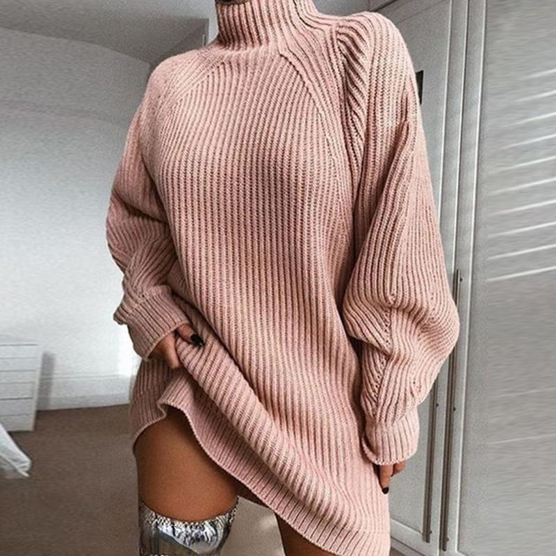 Женское трикотажное платье с воротником большого размера, осеннее однотонное повседневное элегантное мини-платье-свитер с длинными рукавами, зимняя одежда