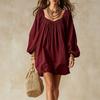 Bohemian Loose Lantern Sleeve Solid Color Mini Dress For Vacation