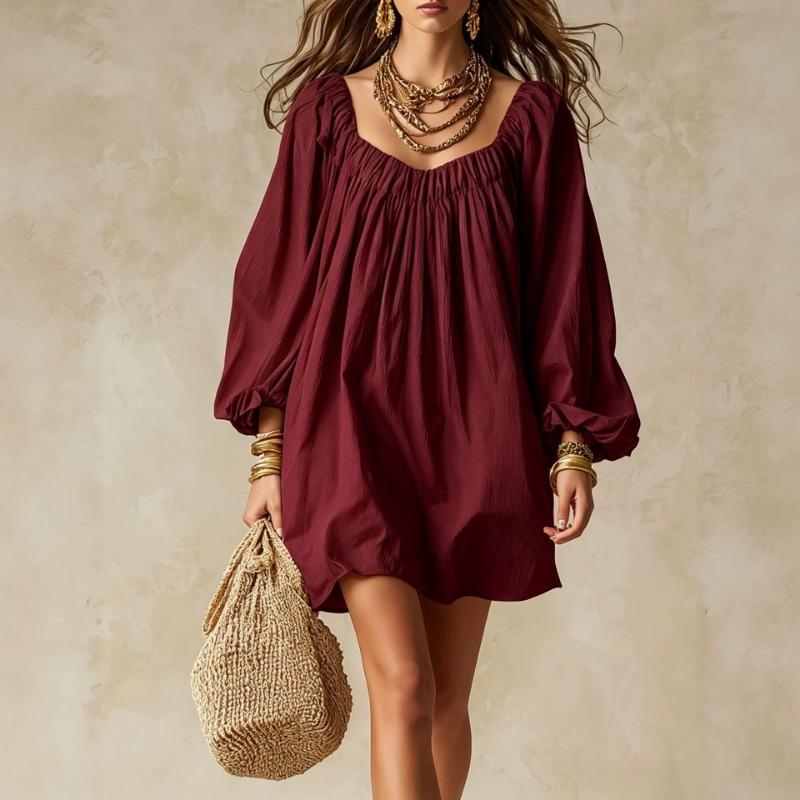 Bohemian Loose Lantern Sleeve Solid Color Mini Dress For Vacation