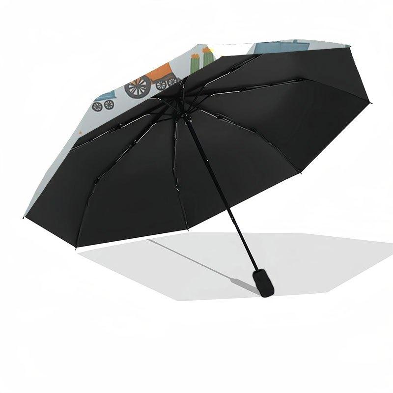 Train Adventure: Kids' Fabric with Trains,Cacti&CloudsUmbrella with Cute Design,Portable 3-Fold Compact Umbrella for Men&Women,Valentine's D