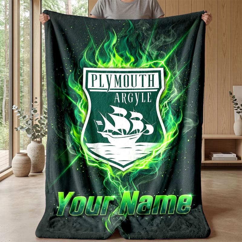 Plymouth Argyle FC Custom Name Text Flannel Blanket Soccer Logo Personalized Fleece Throw Blanket Special Gift For Sofa Bedroom Home