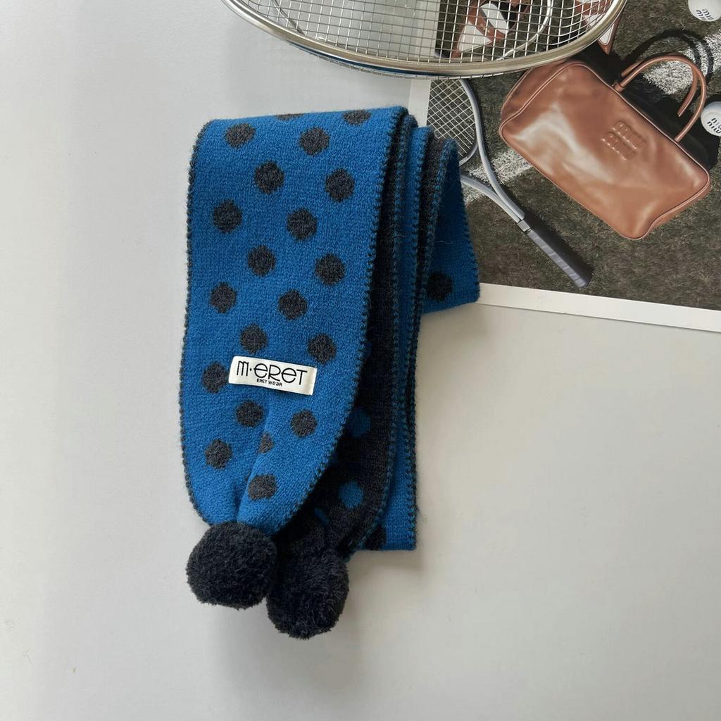 Korean version of small fresh double-sided polka dot knitted scarf women's winter warm neck protection jacquard hairball scarf soft waxy versatile