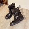 Merlad Ankle Boots Retro Platform Pleated Buckle Trouser Boots Western Cowboy Slouch Boots