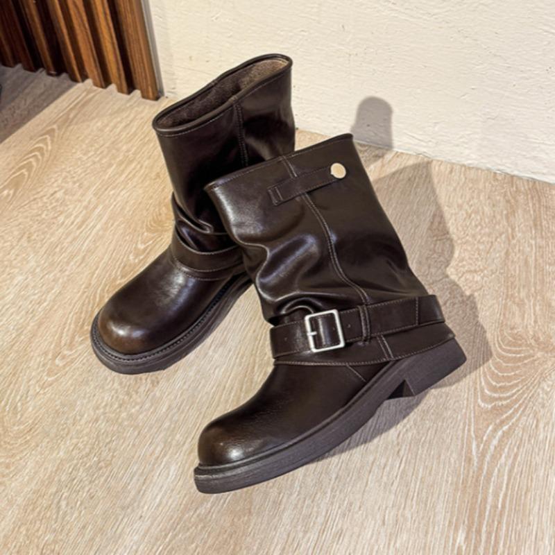 Merlad Ankle Boots Retro Platform Pleated Buckle Trouser Boots Western Cowboy Slouch Boots