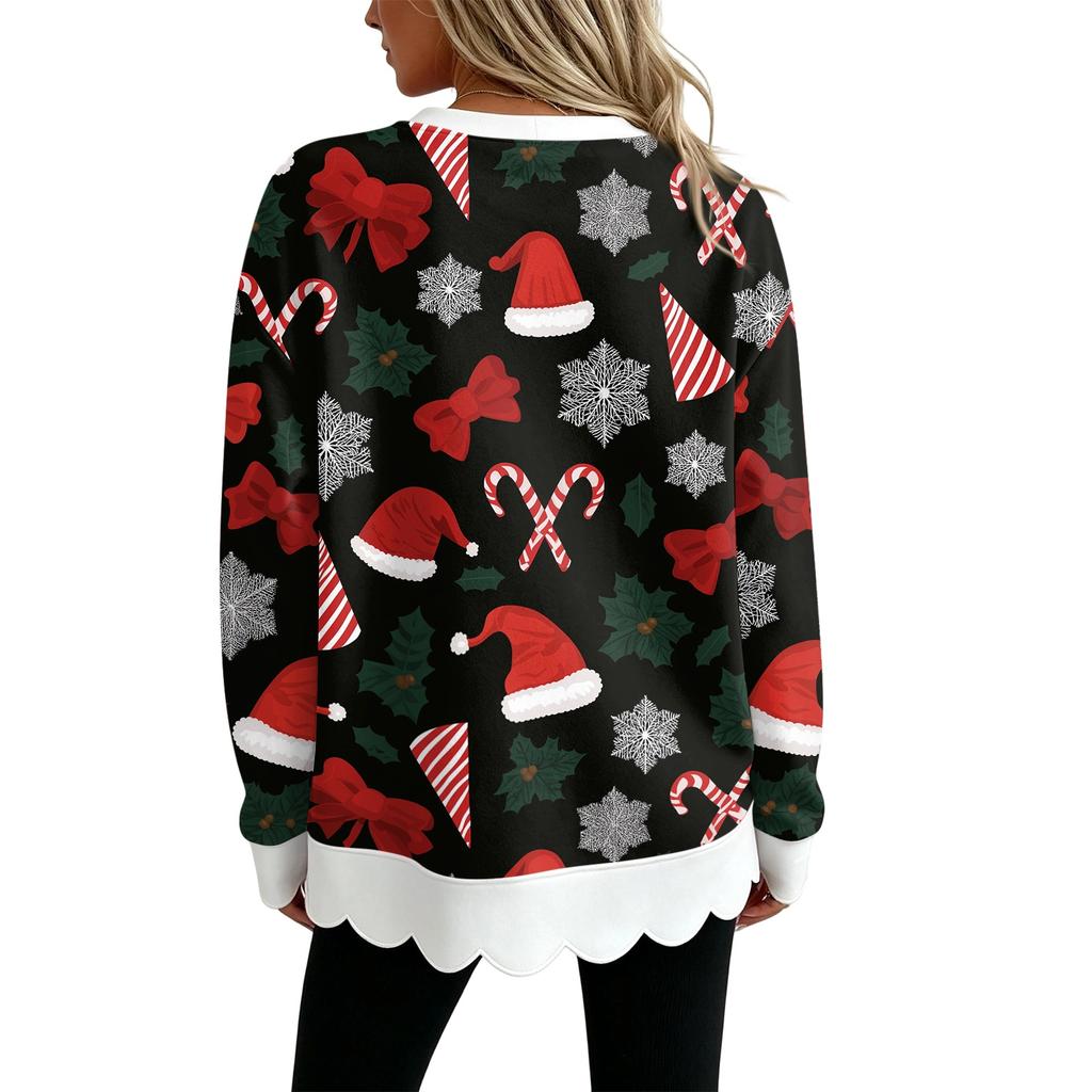 Women's Christmas Print Crewneck Sweatshirt Long Sleeve Pullover Top with Scalloped Wavy Hem