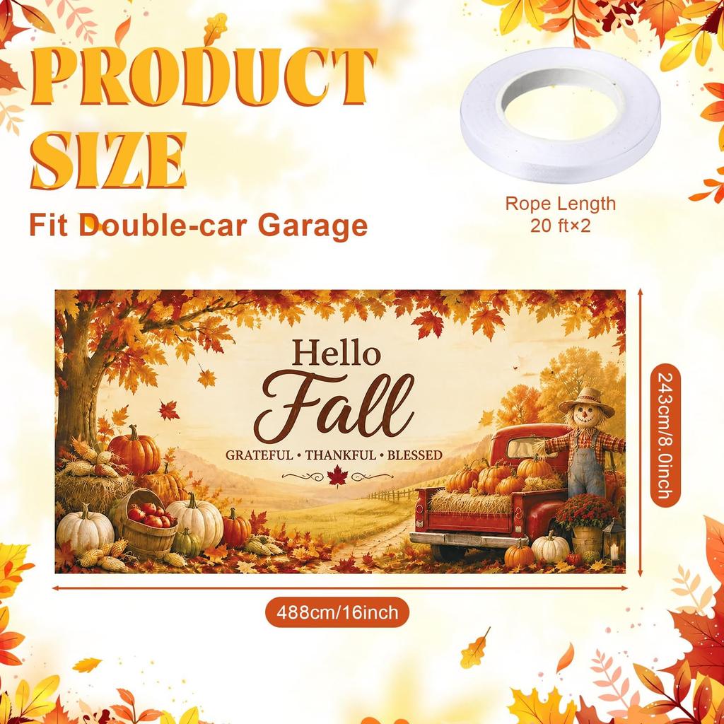 8 x 16 ft Hello Fall Garage Door Cover, Pumpkin Barn Banner Decor