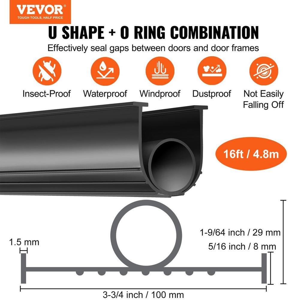 Garage Door Seals Bottom Rubber, U Shape +O Ring Combination Garage Door Bottom Weather Seal, 16ft Weatherproofing Garage Door Seal, 5/16 inch T-ends
