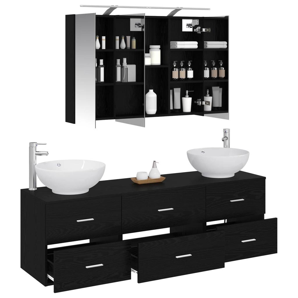 Bathroom Furniture Set 4 pcs Black Oak Engineered Wood and Glass