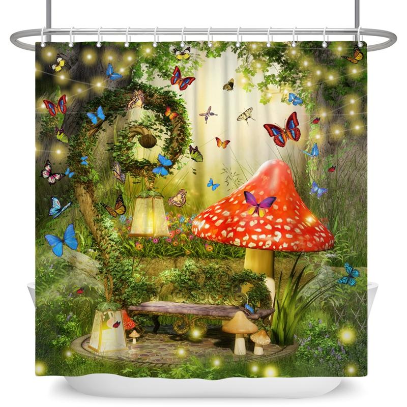Зачарованный лес Занавеска для душа Мультяшная Волшебная сказка Грибная Страна чудес Готическая занавеска для душа Водонепроницаемый декор для ванны с крючками