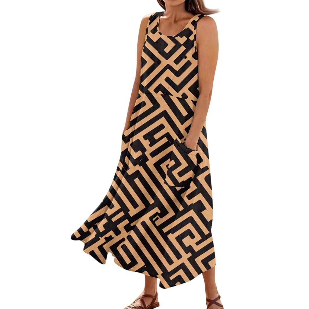 Women's Summer Casual Fashion Flower Printed Sleeveless Pocket Dress