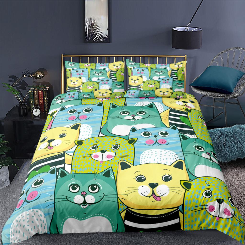 Cat Duvet Cover Polyester Pattern With Hipster Playful Feline Characters, Decorative 3 Piece Twin Bedding Set With 2 Pillow Sham