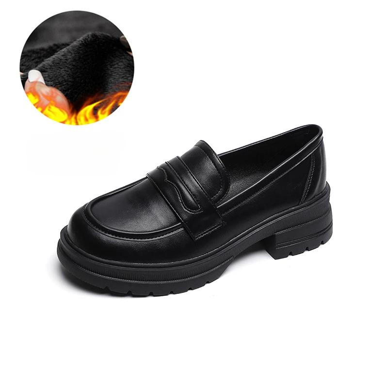 Женские туфли лоферы на платформе 2025 Новые осенне-зимние винтажные кожаные туфли на толстом каблуке с мягкой подошвой одинарные туфли для женщин