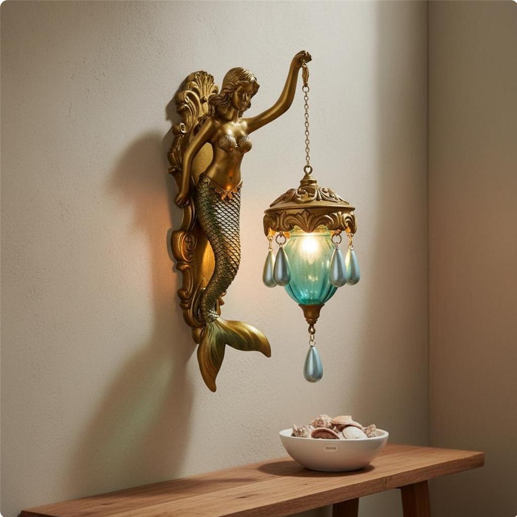 Mermaid Wall Lamp Resin Sculpture Mythical Figure Wall Lamp Mythical Creature Sconce Cordless Design for Themed Rooms, Hallway