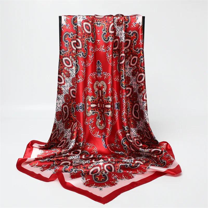 New Spring/Summer Orange Imitation Silk Neckerchief Outdoor Decoration Wraps for Women 90*90cm Cashew Print Square Scarf