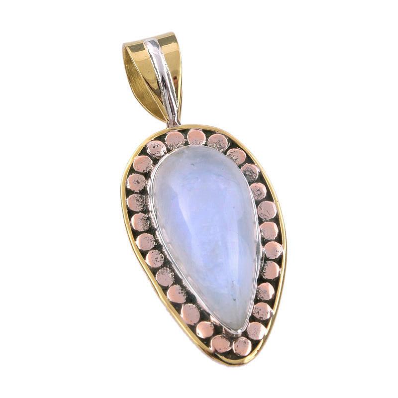 Natural Rainbow Moonstone Gemstone 925 Solid Silver Two Tone Pendant 1.50" j7U90