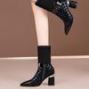 Женская обувь Новый стиль Толстый каблук Эластичная ткань Женские ботинки Зима Новые Острый носок Молния Модные Ботильоны на высоком каблуке Женские