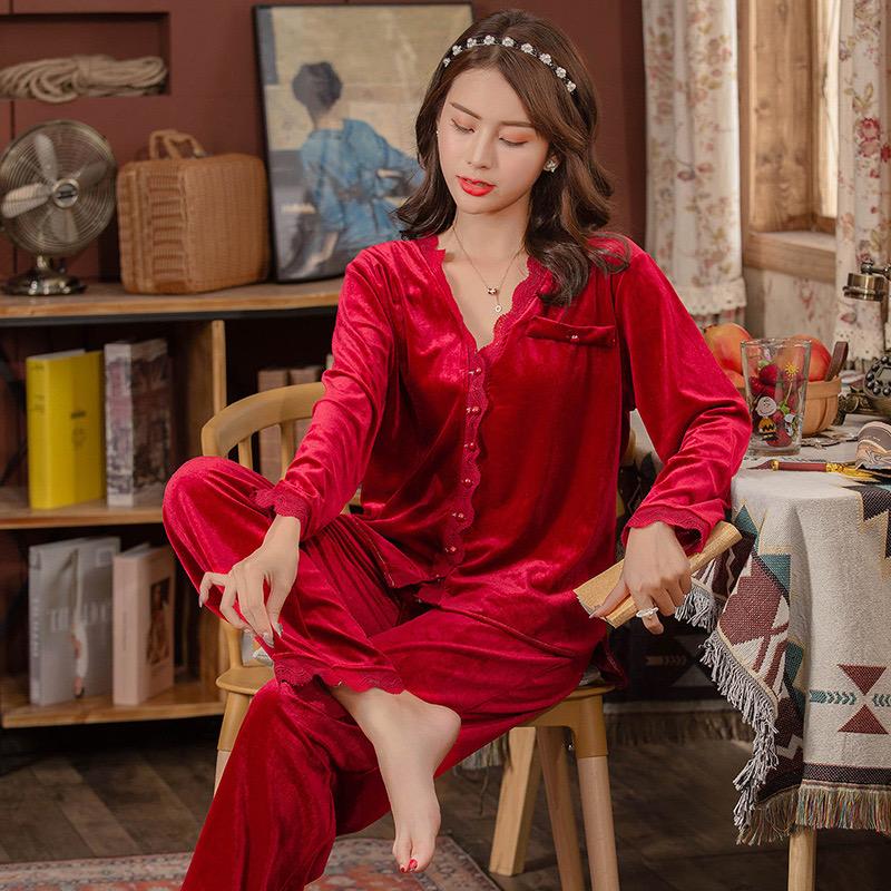 Пижамный комплект из бархата, теплая фланелевая пижама, женская домашняя одежда с длинным рукавом, домашняя одежда, повседневная одежда