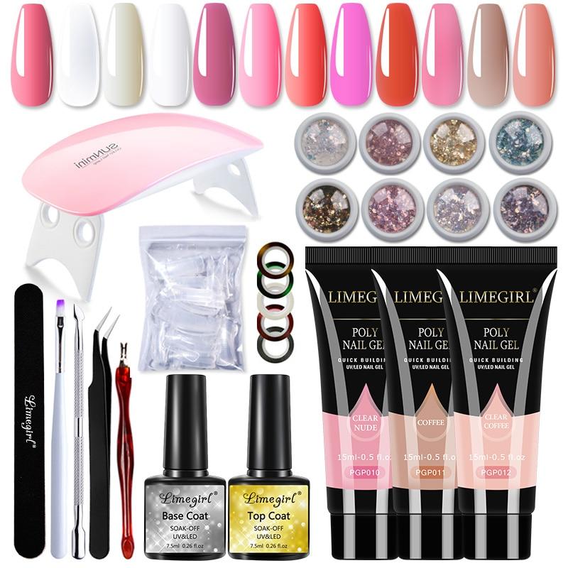 Limegirl Acrylic Kit with Lamp Nail Extension Gel Kit 8 Colors Glitters Nail Art Manicure Kit