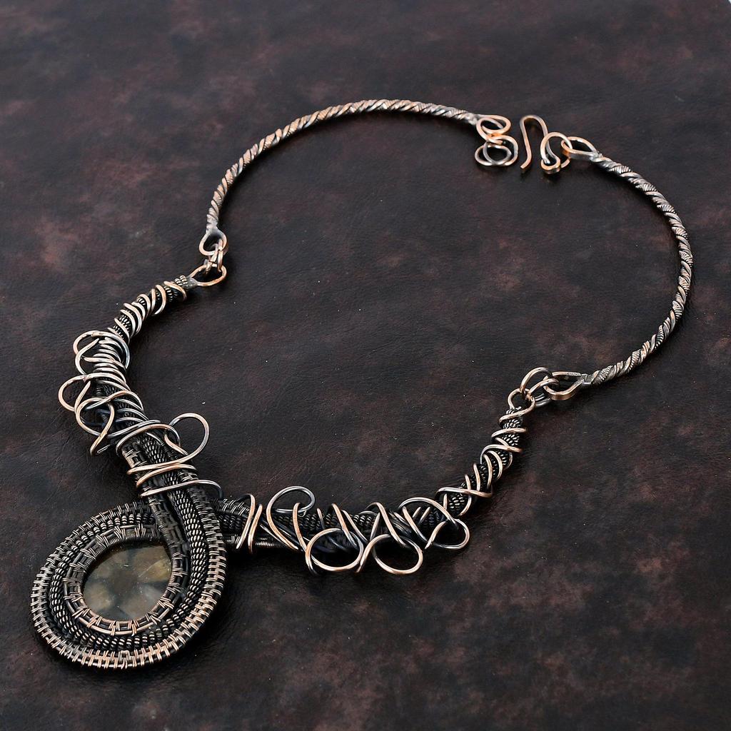 Ожерелье из хиастолита, обернутое медной проволокой, ювелирные изделия из драгоценных камней, регулируемое ожерелье, ручная работа, медные украшения, подарок для женщин, изящные ювелирные изделия