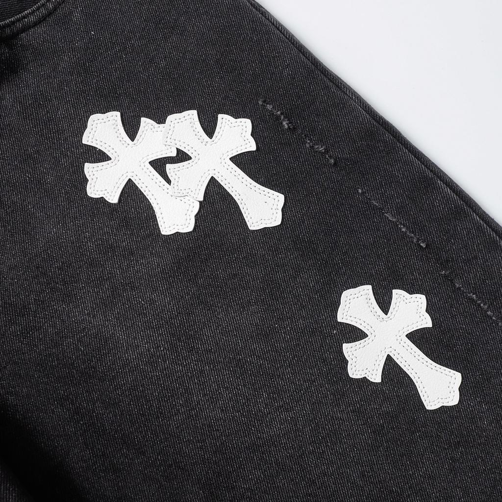 9925 CHROME HEARTS Мужские черные джинсовые шорты с белыми нашивками-крестами Свободный крой Уличный стиль Джинсовые шорты