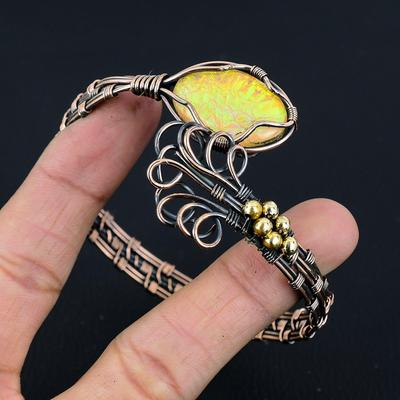 Браслет с австралийским опалом-триплетом, Браслет из драгоценного камня ручной работы, Антикварное украшение, обернутое медной проволокой 999 пробы, Для подарка на помолвку