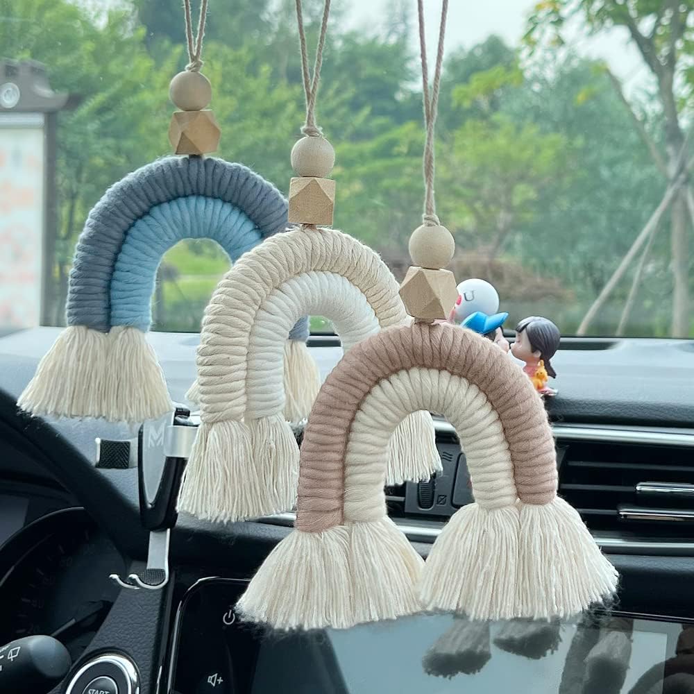 Macrame Rainbow Charm Boho Felt Ball Wood Bead Essential Oils Diffuser Interior Decor Handmade Car Accessories Colorful Hanging Air Freshener