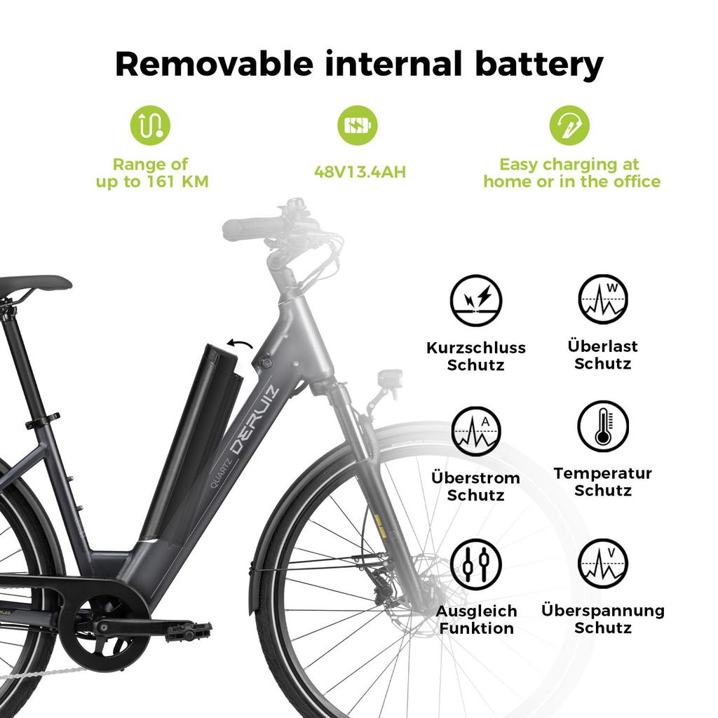 Электровелосипед DERUIZ Quartz 28'' с мотором 250 Вт Городской Ebike - Аккумулятор 48 В 13,4 Ач, Запас хода до 161 км, Гидравлические тормоза, Датчик крутящего момента, 8 скоростей, Грузоподъемность 130 кг